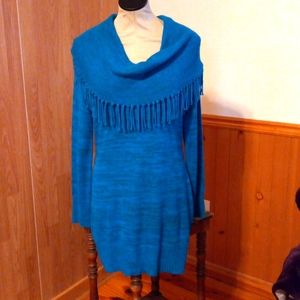 Teal sweater dress with cowl neck and fringe